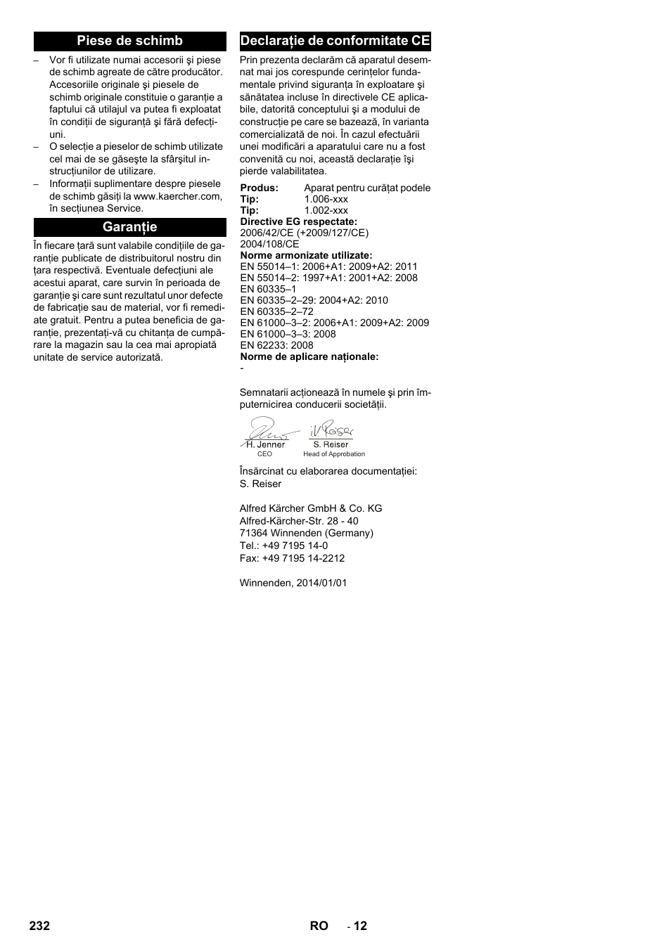Piese de schimb, Garanţie, Declaraţie de conformitate ce | Karcher BD 50-40 RS Bp Pack User Manual | Page 232 / 336