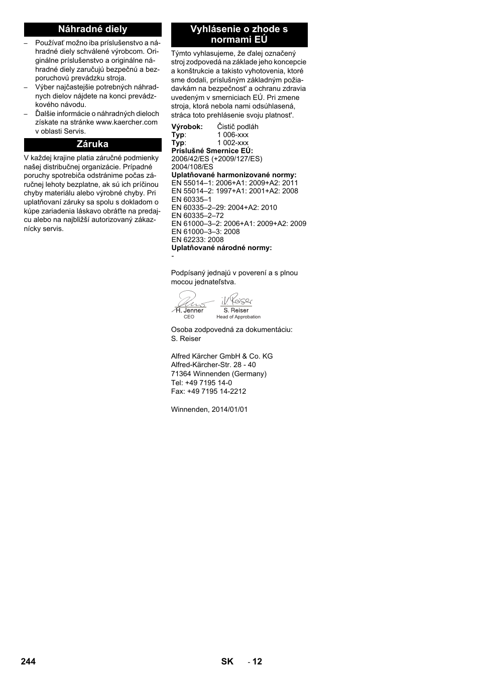 Náhradné diely, Záruka, Vyhlásenie o zhode s normami eú | Karcher BD 50-40 RS Bp Pack User Manual | Page 244 / 336