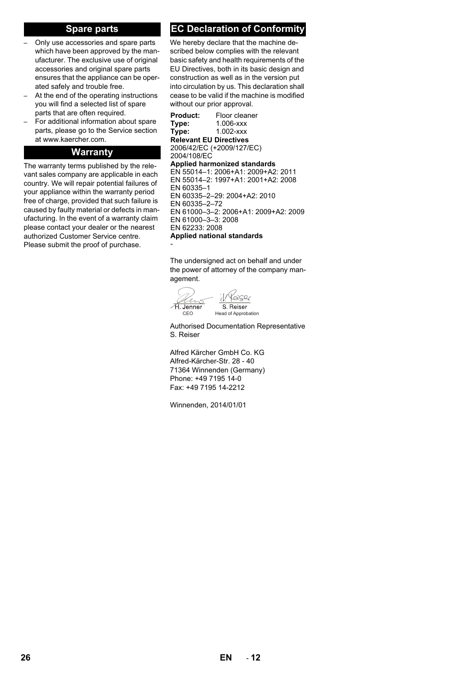 Spare parts, Warranty, Ec declaration of conformity | Spare parts warranty ec declaration of conformity | Karcher BD 50-40 RS Bp Pack User Manual | Page 26 / 336