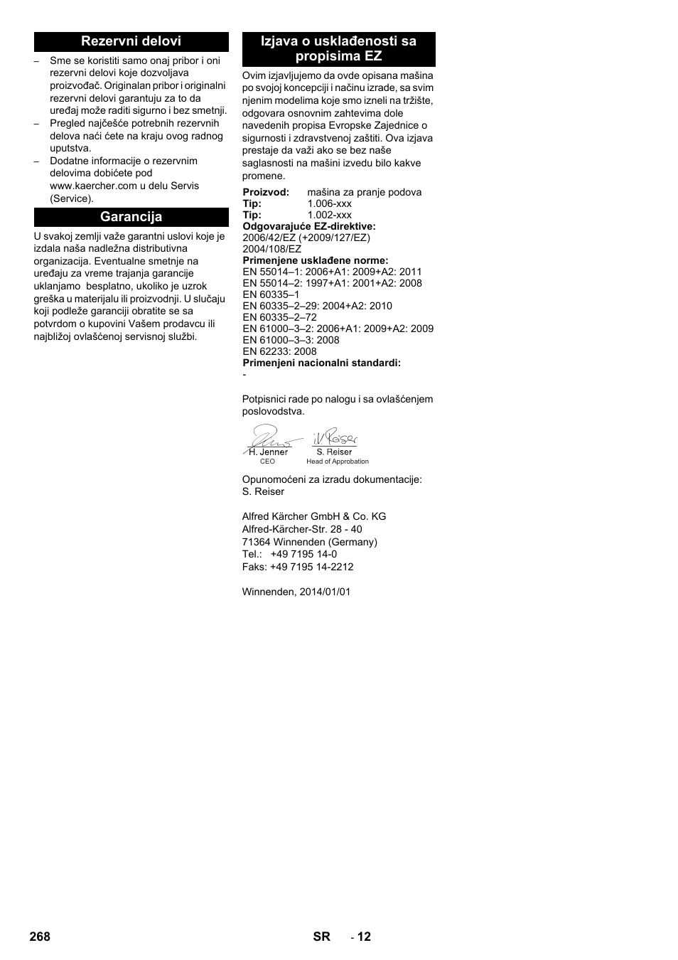Rezervni delovi, Garancija, Izjava o usklađenosti sa propisima ez | Karcher BD 50-40 RS Bp Pack User Manual | Page 268 / 336
