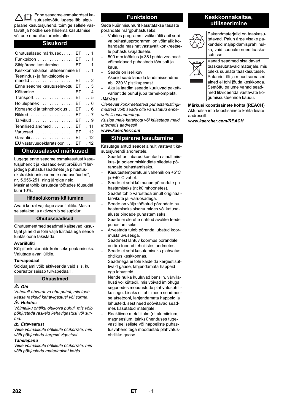 Eesti, Sisukord, Ohutusalased märkused | Hädaolukorras käitumine, Ohutusseadised, Avariilüliti, Turvapedaal, Ohuastmed, Funktsioon, Sihipärane kasutamine | Karcher BD 50-40 RS Bp Pack User Manual | Page 282 / 336