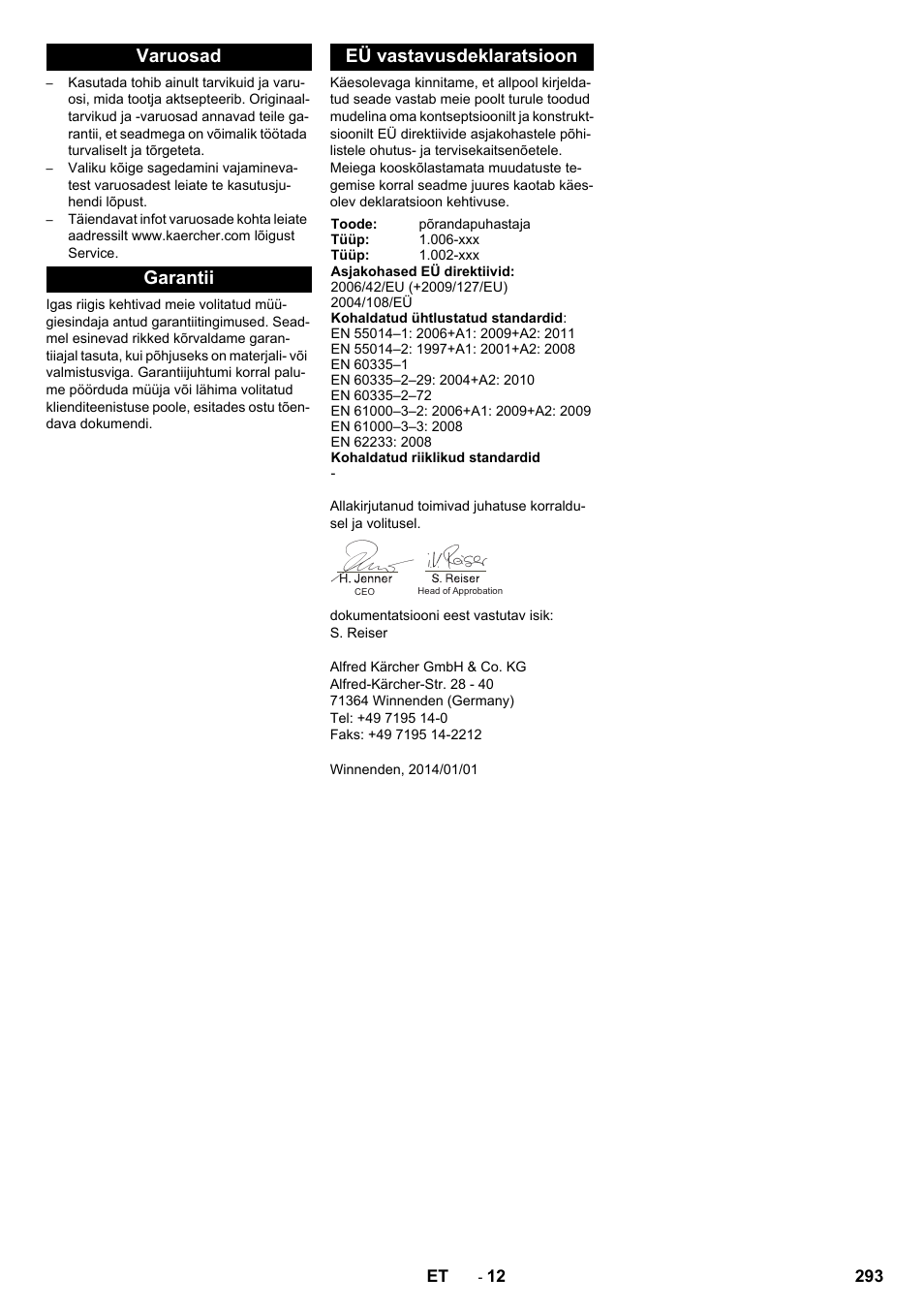 Varuosad, Garantii, Eü vastavusdeklaratsioon | Varuosad garantii eü vastavusdeklaratsioon | Karcher BD 50-40 RS Bp Pack User Manual | Page 293 / 336