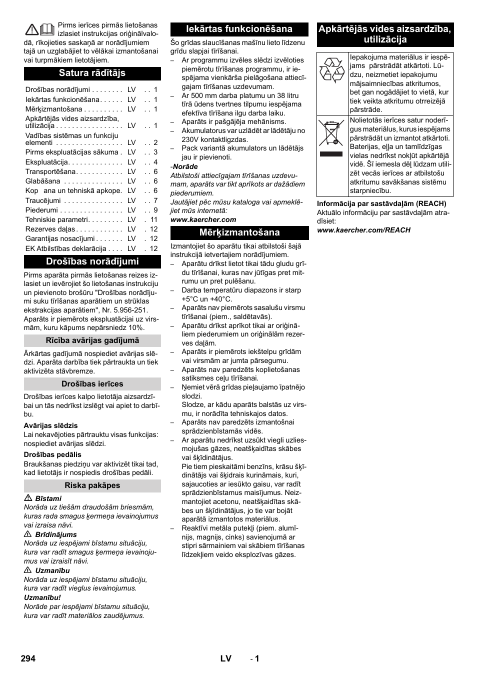 Latviešu, Satura rādītājs, Drošības norādījumi | Rīcība avārijas gadījumā, Drošības ierīces, Avārijas slēdzis, Drošības pedālis, Riska pakāpes, Iekārtas funkcionēšana, Mērķizmantošana | Karcher BD 50-40 RS Bp Pack User Manual | Page 294 / 336