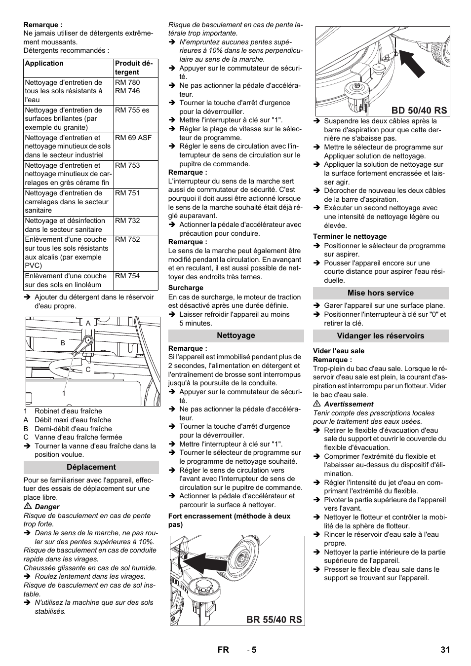 Déplacement, Surcharge, Nettoyage | Fort encrassement (méthode à deux pas), Terminer le nettoyage, Mise hors service, Vidanger les réservoirs, Vider l'eau sale | Karcher BD 50-40 RS Bp Pack User Manual | Page 31 / 336