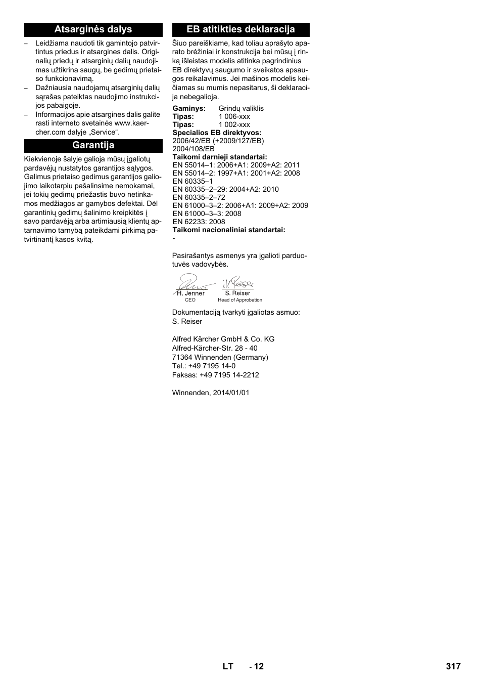 Atsarginės dalys, Garantija, Eb atitikties deklaracija | Karcher BD 50-40 RS Bp Pack User Manual | Page 317 / 336