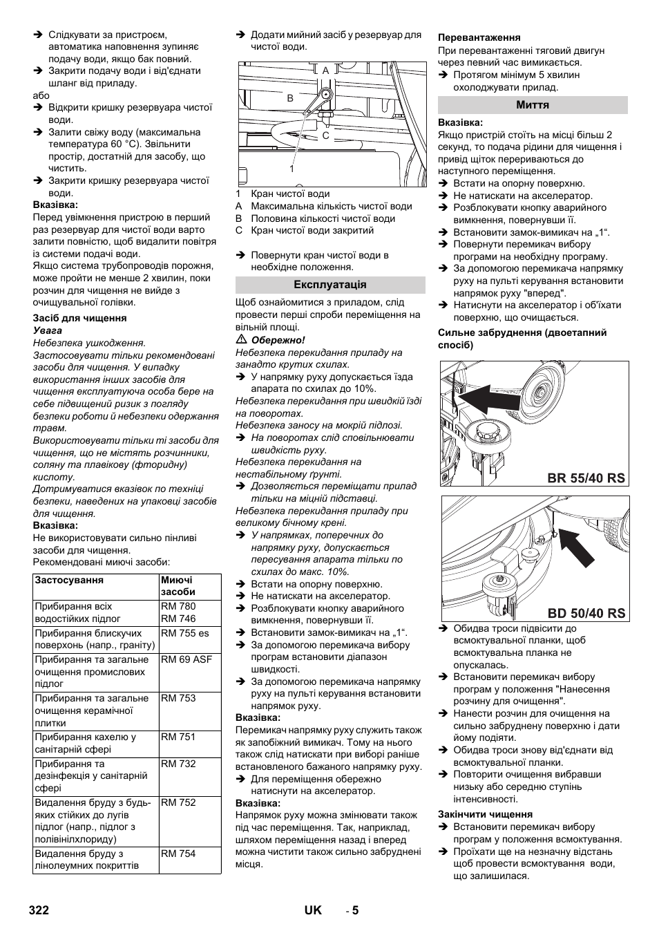 Засіб для чищення, Експлуатація, Перевантаження | Миття, Сильне забруднення (двоетапний спосіб), Закінчити чищення | Karcher BD 50-40 RS Bp Pack User Manual | Page 322 / 336
