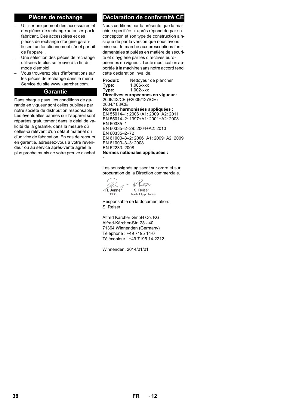 Pièces de rechange, Garantie, Déclaration de conformité ce | Karcher BD 50-40 RS Bp Pack User Manual | Page 38 / 336