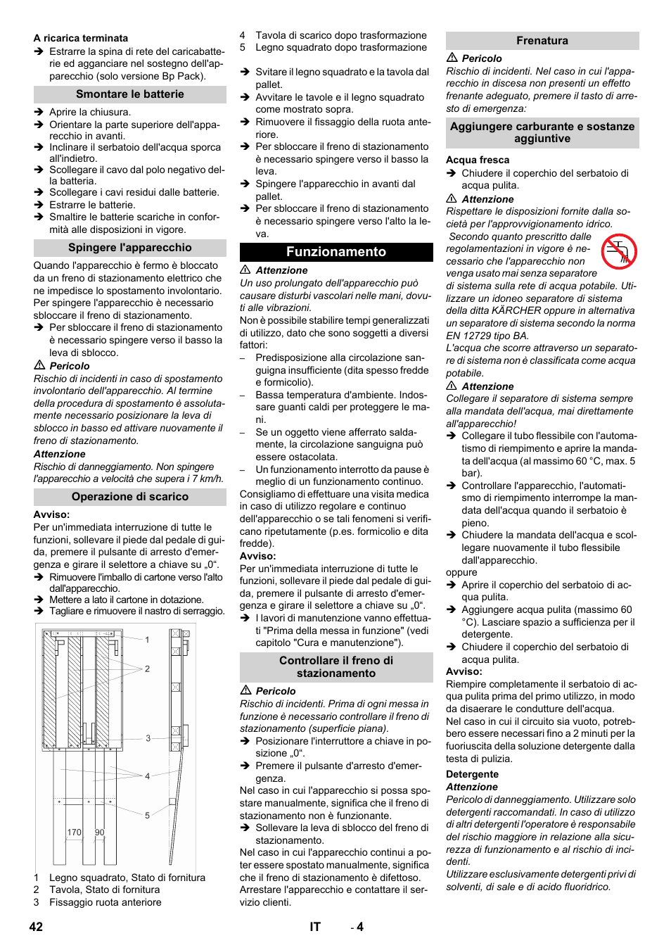 A ricarica terminata, Smontare le batterie, Spingere l'apparecchio | Operazione di scarico, Funzionamento, Controllare il freno di stazionamento, Frenatura, Aggiungere carburante e sostanze aggiuntive, Acqua fresca, Detergente | Karcher BD 50-40 RS Bp Pack User Manual | Page 42 / 336