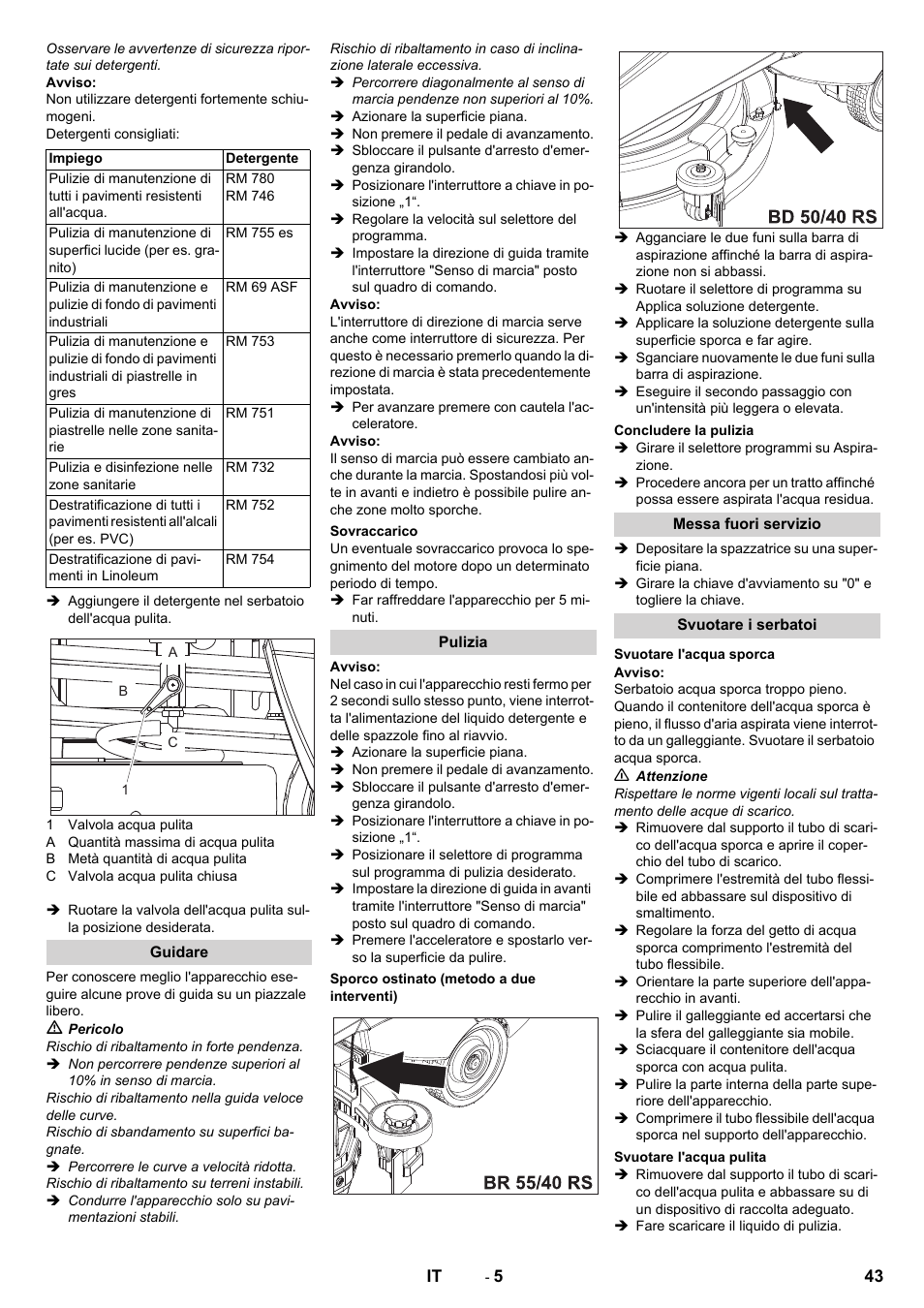 Guidare, Sovraccarico, Pulizia | Sporco ostinato (metodo a due interventi), Concludere la pulizia, Messa fuori servizio, Svuotare i serbatoi, Svuotare l'acqua sporca, Svuotare l'acqua pulita | Karcher BD 50-40 RS Bp Pack User Manual | Page 43 / 336