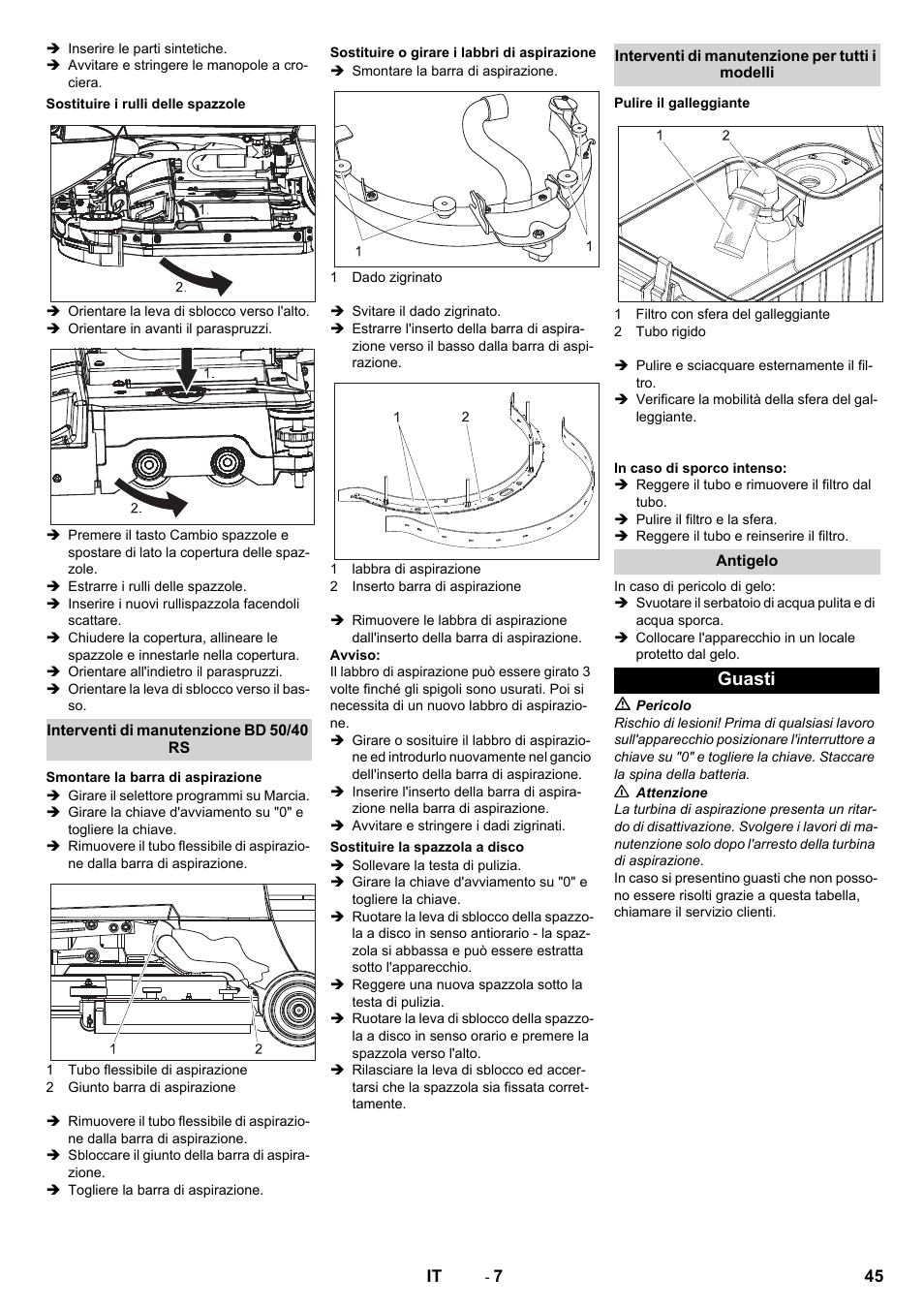 Sostituire i rulli delle spazzole, Interventi di manutenzione bd 50/40 rs, Smontare la barra di aspirazione | Sostituire o girare i labbri di aspirazione, Sostituire la spazzola a disco, Interventi di manutenzione per tutti i modelli, Pulire il galleggiante, Antigelo, Guasti | Karcher BD 50-40 RS Bp Pack User Manual | Page 45 / 336