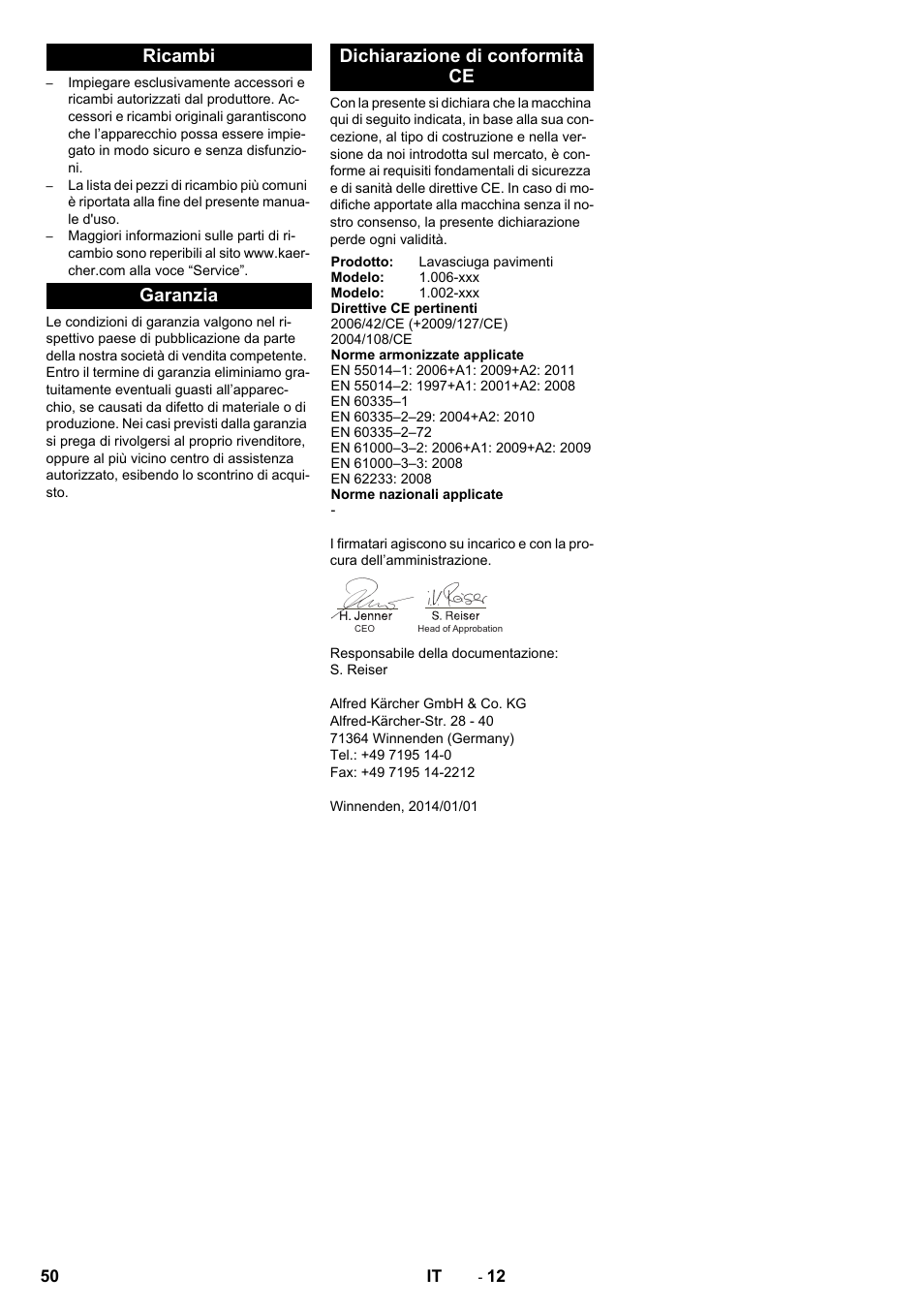 Ricambi, Garanzia, Dichiarazione di conformità ce | Ricambi garanzia dichiarazione di conformità ce | Karcher BD 50-40 RS Bp Pack User Manual | Page 50 / 336