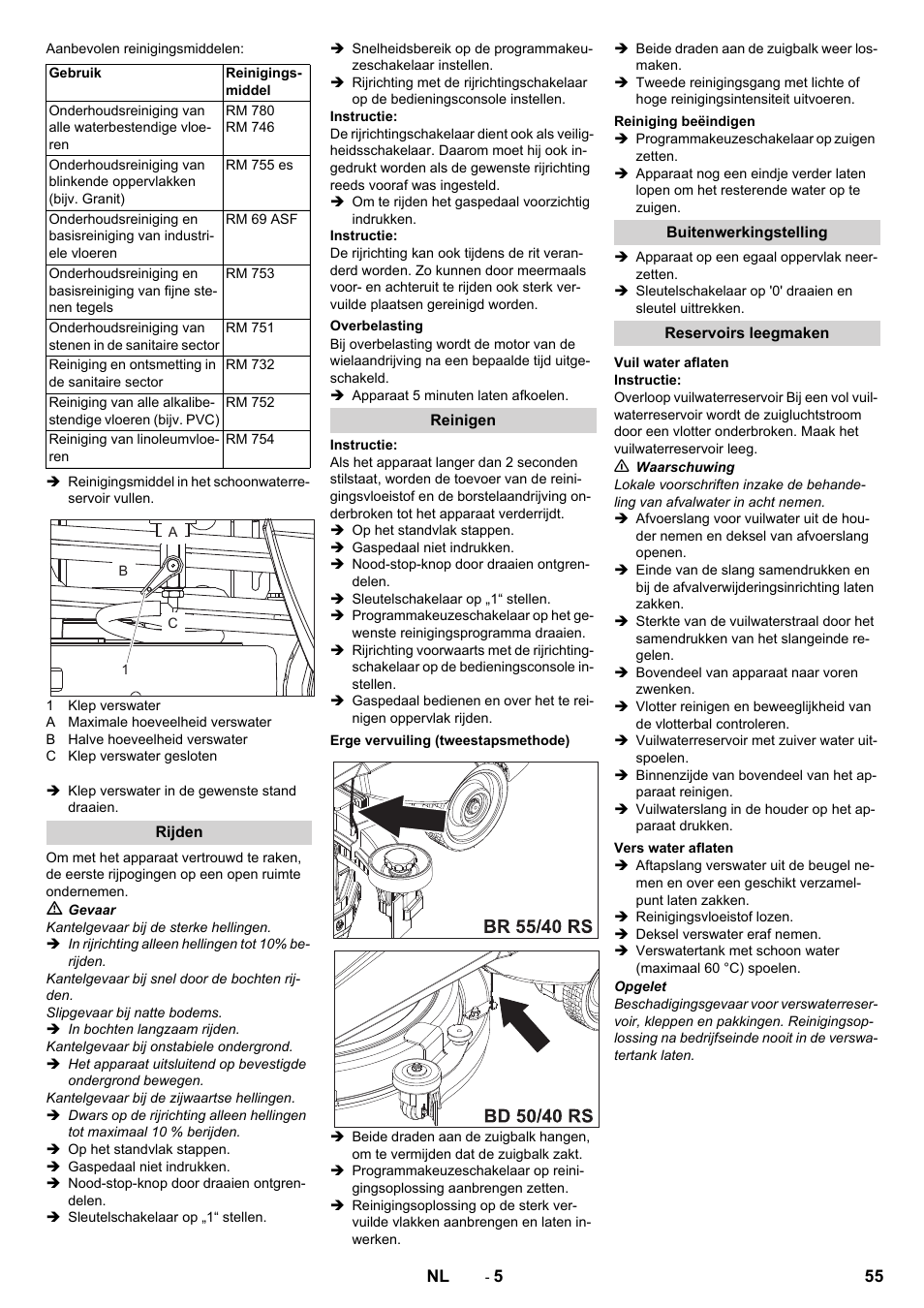 Rijden, Overbelasting, Reinigen | Erge vervuiling (tweestapsmethode), Reiniging beëindigen, Buitenwerkingstelling, Reservoirs leegmaken, Vuil water aflaten, Vers water aflaten | Karcher BD 50-40 RS Bp Pack User Manual | Page 55 / 336
