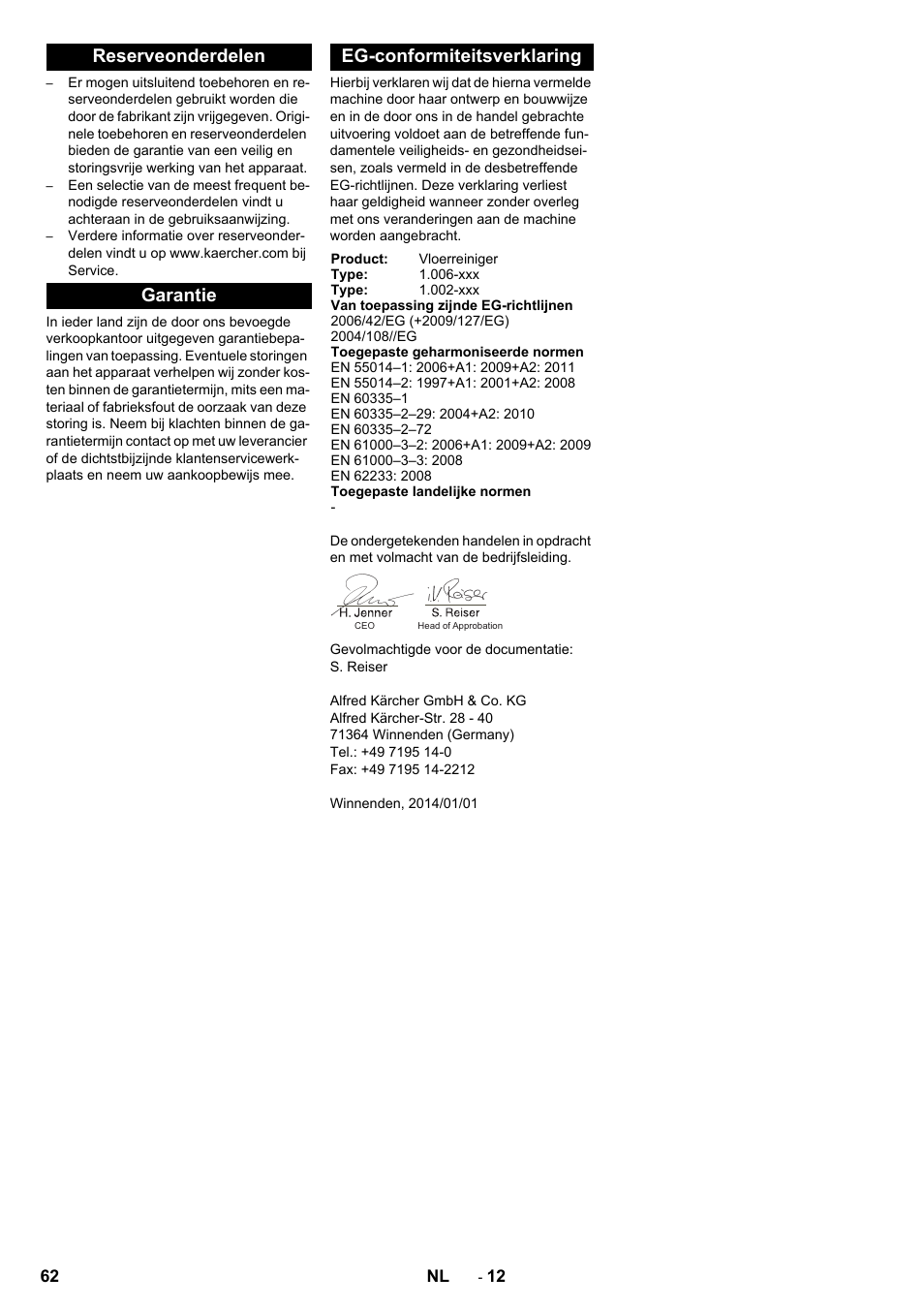 Reserveonderdelen, Garantie, Eg-conformiteitsverklaring | Karcher BD 50-40 RS Bp Pack User Manual | Page 62 / 336
