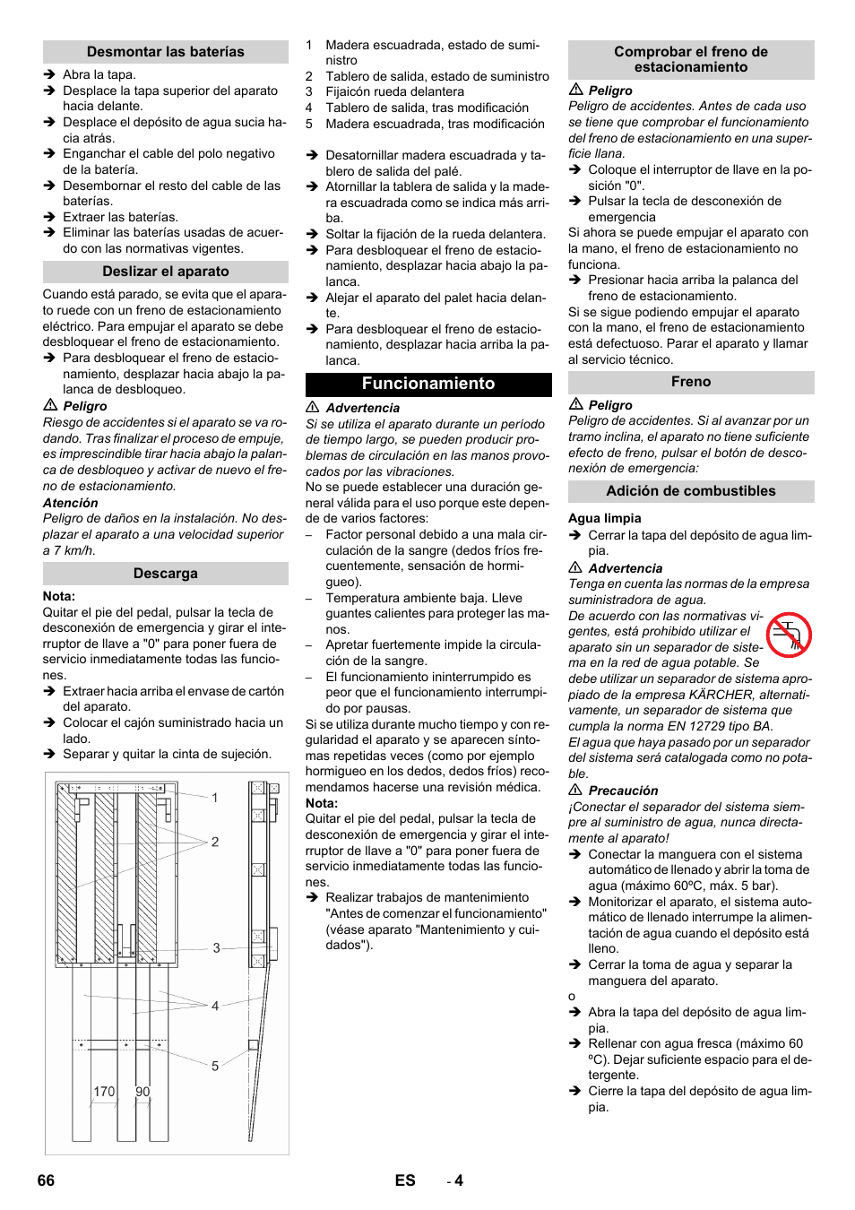 Desmontar las baterías, Deslizar el aparato, Descarga | Funcionamiento, Comprobar el freno de estacionamiento, Freno, Adición de combustibles, Agua limpia | Karcher BD 50-40 RS Bp Pack User Manual | Page 66 / 336