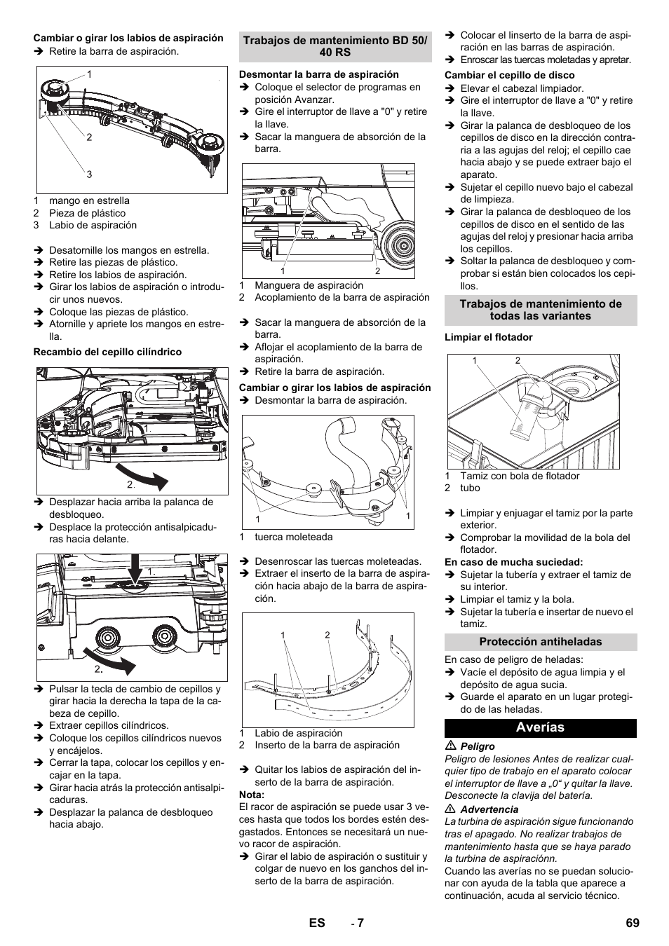 Cambiar o girar los labios de aspiración, Recambio del cepillo cilíndrico, Trabajos de mantenimiento bd 50/ 40 rs | Desmontar la barra de aspiración, Cambiar el cepillo de disco, Trabajos de mantenimiento de todas las variantes, Limpiar el flotador, Protección antiheladas, Averías | Karcher BD 50-40 RS Bp Pack User Manual | Page 69 / 336