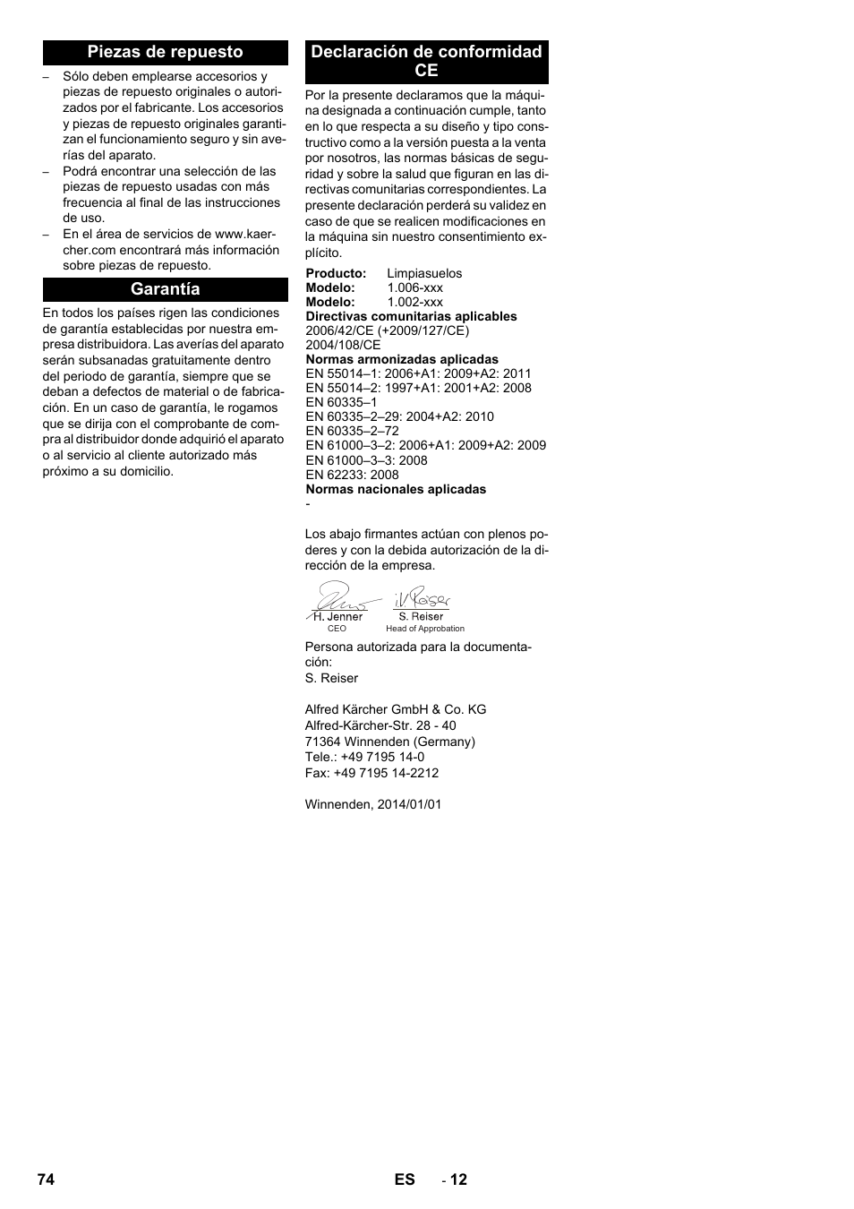 Piezas de repuesto, Garantía, Declaración de conformidad ce | Karcher BD 50-40 RS Bp Pack User Manual | Page 74 / 336