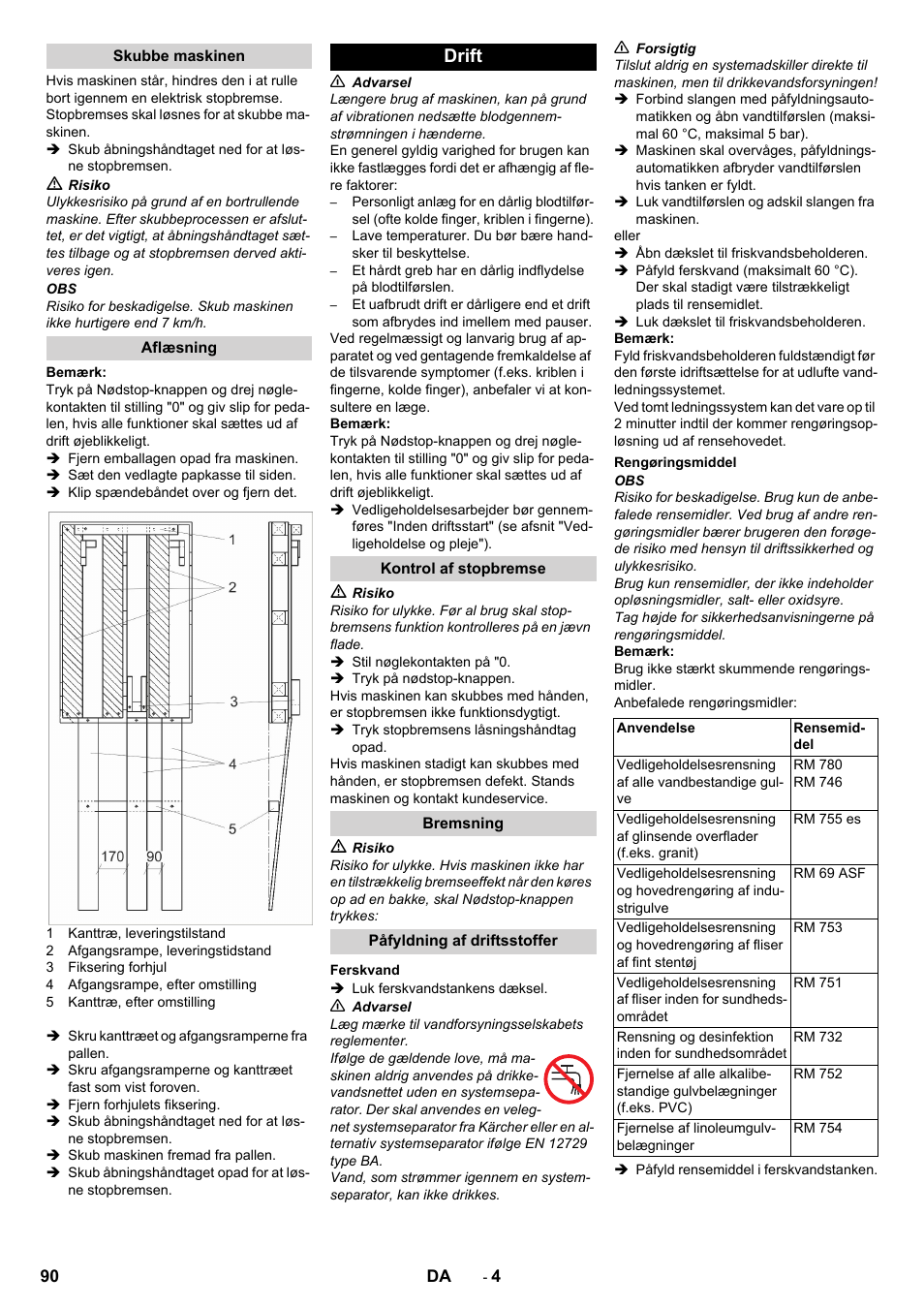 Skubbe maskinen, Aflæsning, Drift | Kontrol af stopbremse, Bremsning, Påfyldning af driftsstoffer, Ferskvand, Rengøringsmiddel | Karcher BD 50-40 RS Bp Pack User Manual | Page 90 / 336