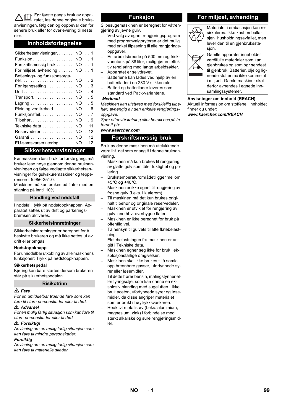 Norsk, Innholdsfortegnelse, Sikkerhetsanvisninger | Handling ved nødsfall, Sikkerhetsinnretninger, Nødstoppknapp, Sikkerhetspedal, Risikotrinn, Funksjon, Forskriftsmessig bruk | Karcher BD 50-40 RS Bp Pack User Manual | Page 99 / 336