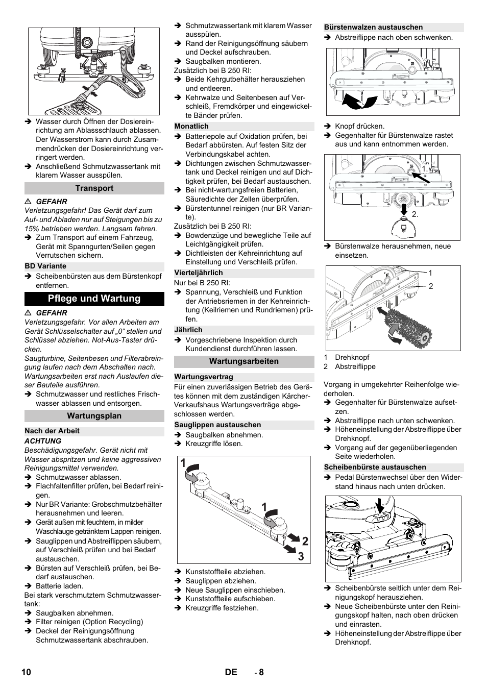 Transport, Bd variante, Pflege und wartung | Wartungsplan, Nach der arbeit, Monatlich, Vierteljährlich, Jährlich, Wartungsarbeiten, Wartungsvertrag | Karcher B 250 R I Bp User Manual | Page 10 / 376