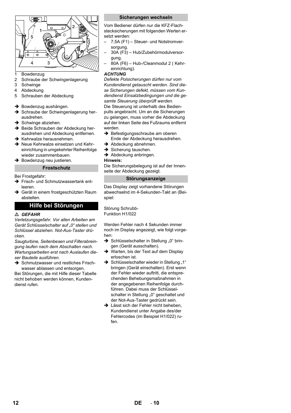 Frostschutz, Hilfe bei störungen, Sicherungen wechseln | Störungsanzeige | Karcher B 250 R I Bp User Manual | Page 12 / 376