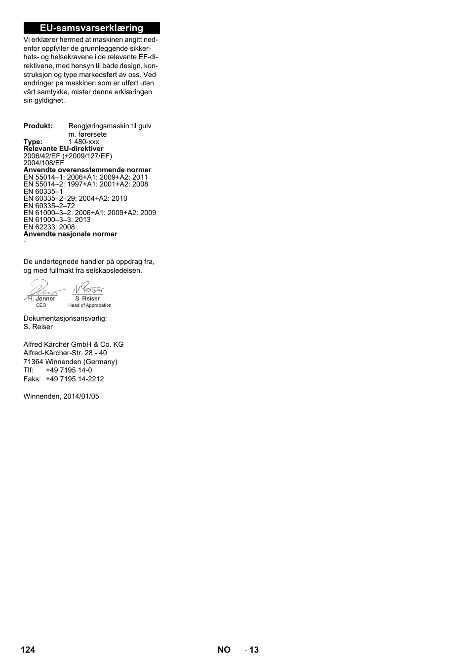 Eu-samsvarserklæring | Karcher B 250 R I Bp User Manual | Page 124 / 376