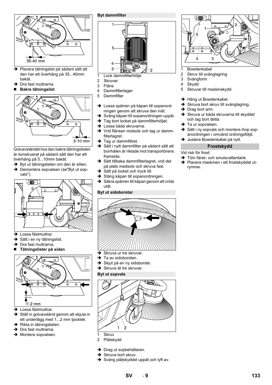 Byt dammfilter, Byt ut sidoborstar, Byt ut sopvals | Frostskydd | Karcher B 250 R I Bp User Manual | Page 133 / 376