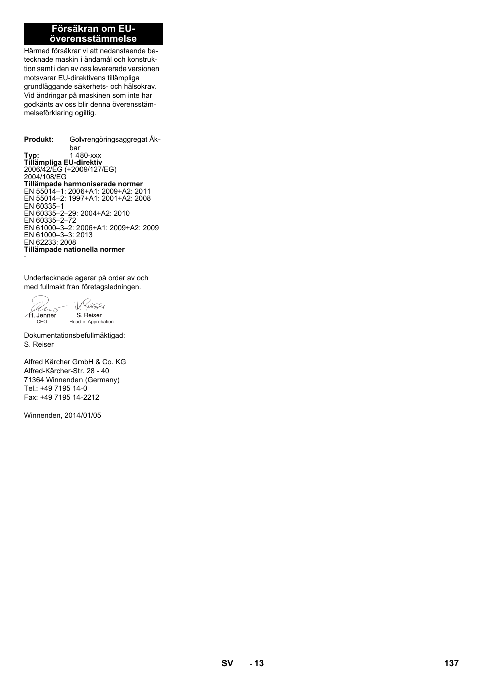 Försäkran om eu- överensstämmelse | Karcher B 250 R I Bp User Manual | Page 137 / 376