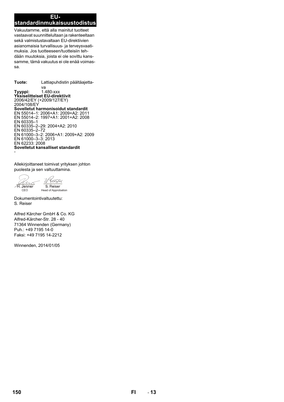 Eu- standardinmukaisuustodistus | Karcher B 250 R I Bp User Manual | Page 150 / 376