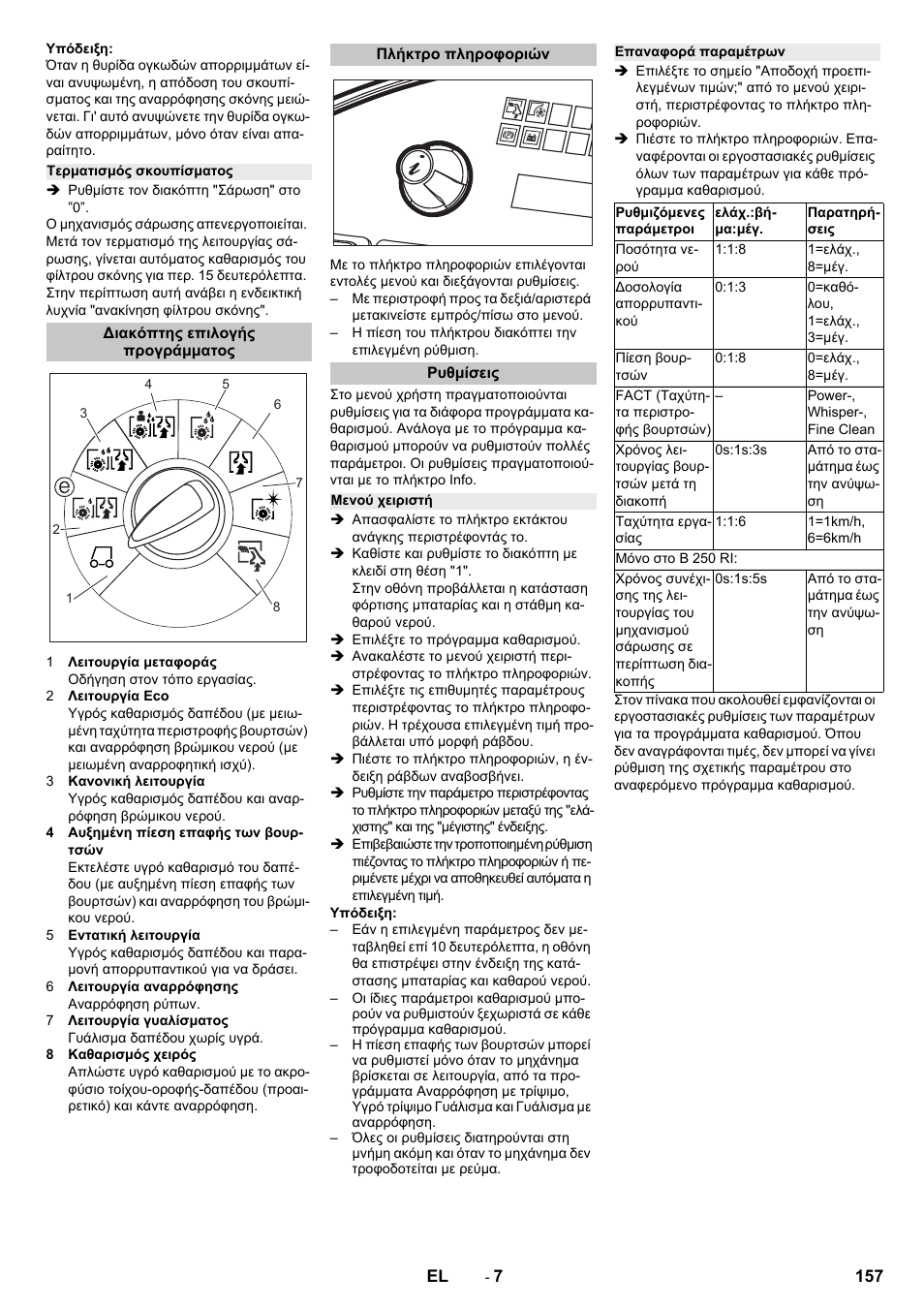 Τερματισμός σκουπίσματος, Διακόπτης επιλογής προγράμματος, Πλήκτρο πληροφοριών | Ρυθμίσεις, Μενού χειριστή, Επαναφορά παραμέτρων | Karcher B 250 R I Bp User Manual | Page 157 / 376