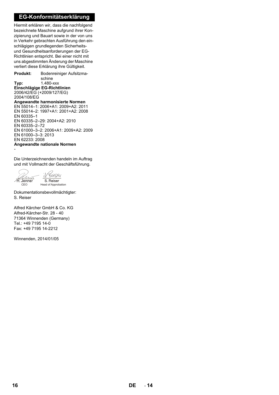 Eg-konformitätserklärung | Karcher B 250 R I Bp User Manual | Page 16 / 376