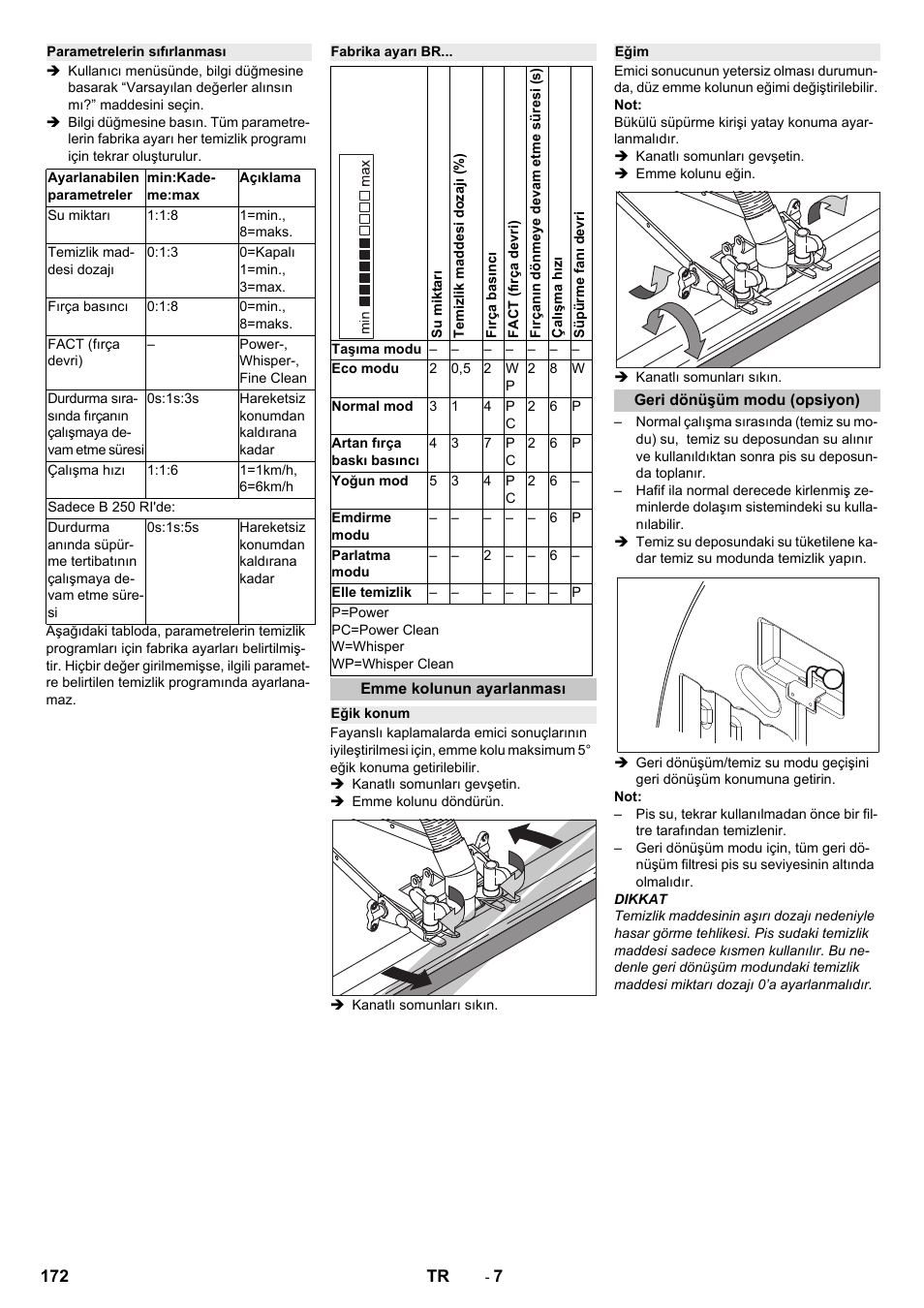 Parametrelerin sıfırlanması, Fabrika ayarı br, Emme kolunun ayarlanması | Eğik konum, Eğim, Geri dönüşüm modu (opsiyon) | Karcher B 250 R I Bp User Manual | Page 172 / 376