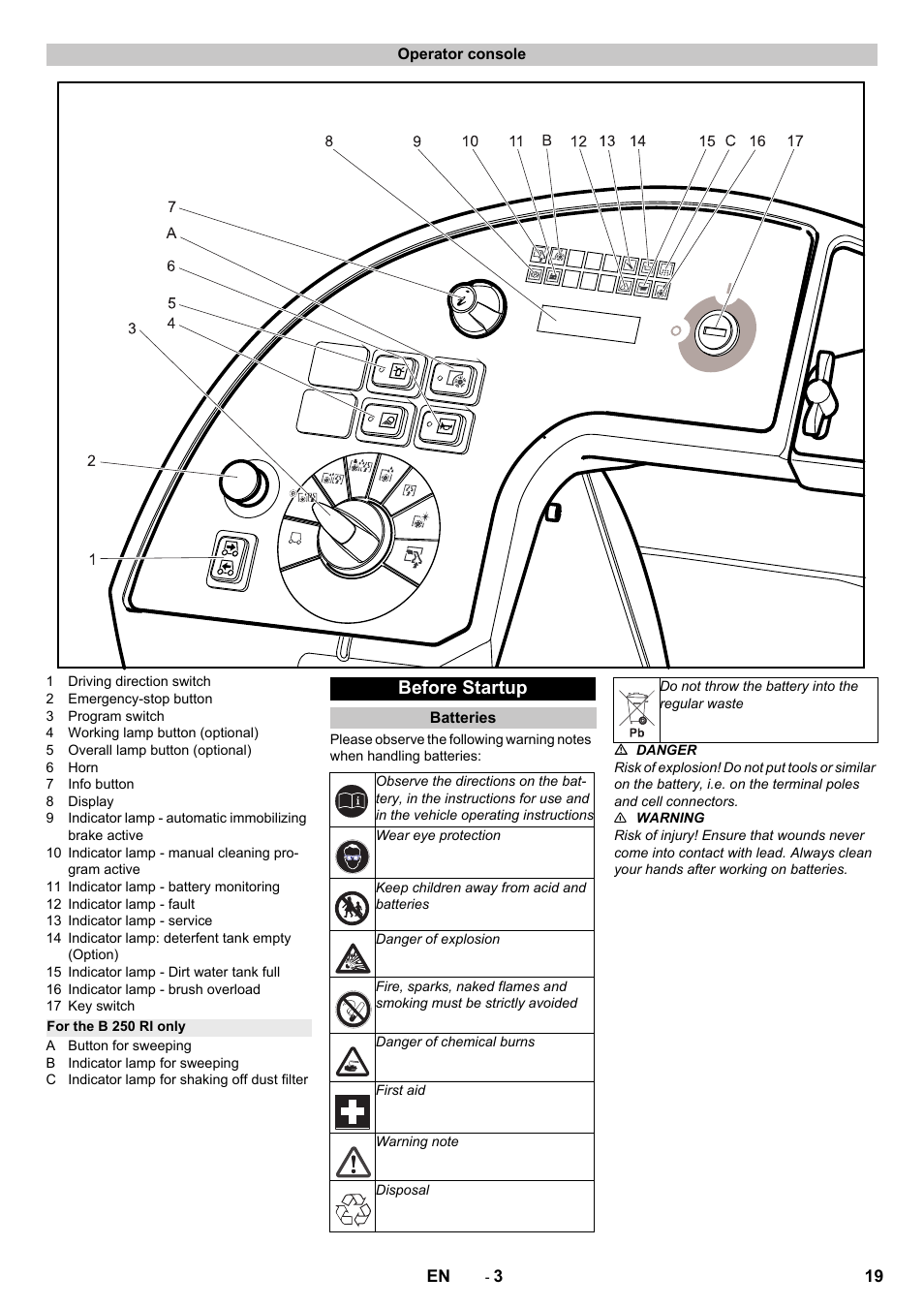 Operator console, For the b 250 ri only, Before startup | Batteries | Karcher B 250 R I Bp User Manual | Page 19 / 376