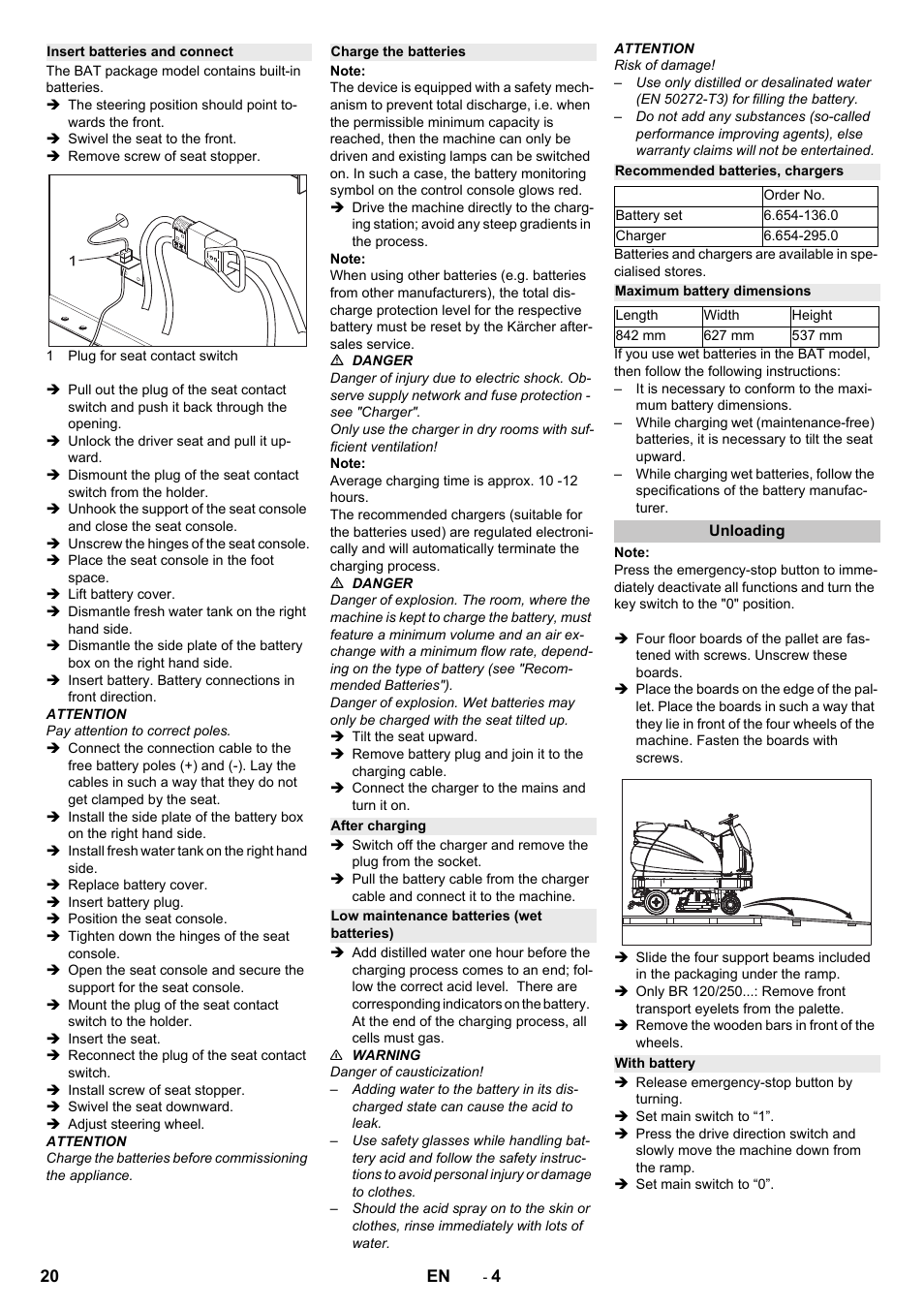 Insert batteries and connect, Charge the batteries, After charging | Low maintenance batteries (wet batteries), Recommended batteries, chargers, Maximum battery dimensions, Unloading, With battery | Karcher B 250 R I Bp User Manual | Page 20 / 376