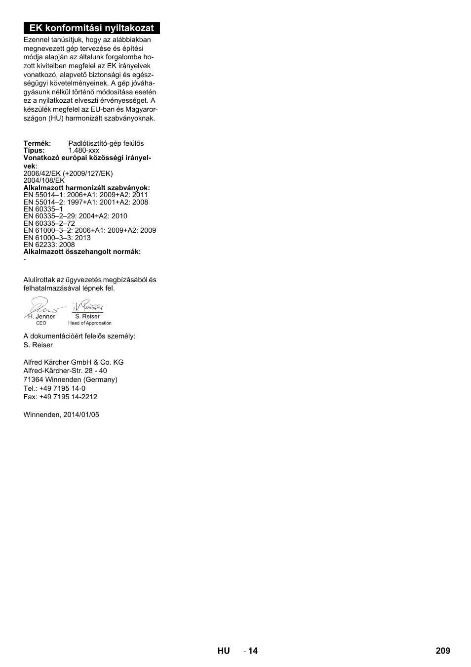Ek konformitási nyiltakozat | Karcher B 250 R I Bp User Manual | Page 209 / 376