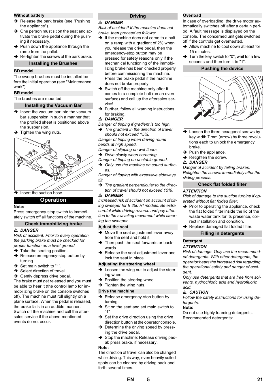 Without battery, Installing the brushes, Bd model | Br model, Installing the vacuum bar, Operation, Check immobilizing brake, Driving, Ajdust the seat, Adjusting the steering wheel | Karcher B 250 R I Bp User Manual | Page 21 / 376