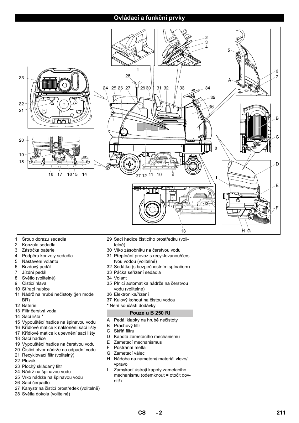 Ovládací a funkční prvky, Pouze u b 250 ri | Karcher B 250 R I Bp User Manual | Page 211 / 376