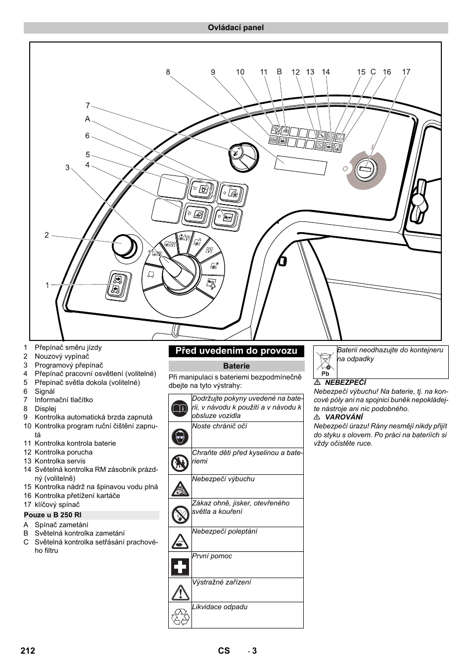 Ovládací panel, Pouze u b 250 ri, Před uvedením do provozu | Baterie | Karcher B 250 R I Bp User Manual | Page 212 / 376