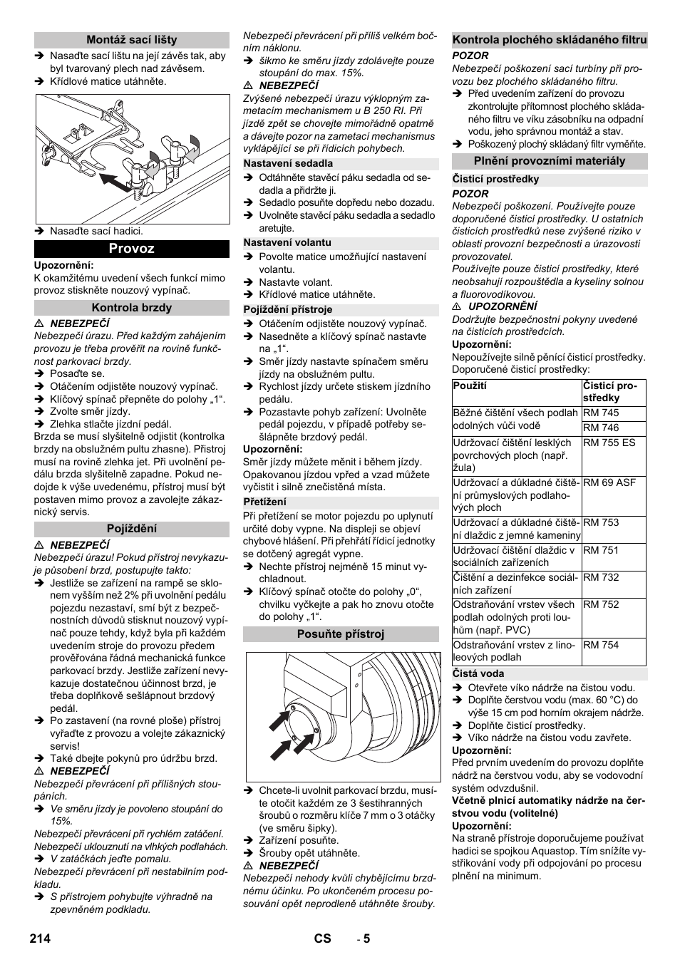 Montáž sací lišty, Provoz, Kontrola brzdy | Pojíždění, Nastavení sedadla, Nastavení volantu, Pojíždění přístroje, Přetížení, Posuňte přístroj, Kontrola plochého skládaného filtru | Karcher B 250 R I Bp User Manual | Page 214 / 376