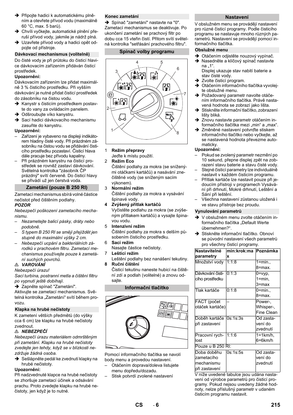 Dávkovací mechanismus (volitelně), Zametání (pouze b 250 ri), Klapka na hrubé nečistoty | Konec zametání, Spínač volby programu, Informační tlačítko, Nastavení, Obslužné menu, Vynulování parametrů | Karcher B 250 R I Bp User Manual | Page 215 / 376