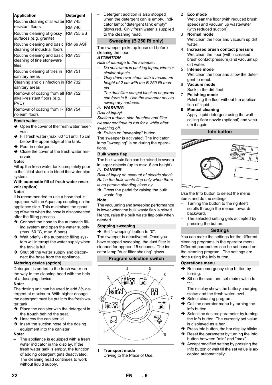 Fresh water, Metering device (option), Sweeping (b 250 ri only) | Bulk waste flap, Stopping sweeping, Program selection switch, Info button, Settings, Operations menu | Karcher B 250 R I Bp User Manual | Page 22 / 376