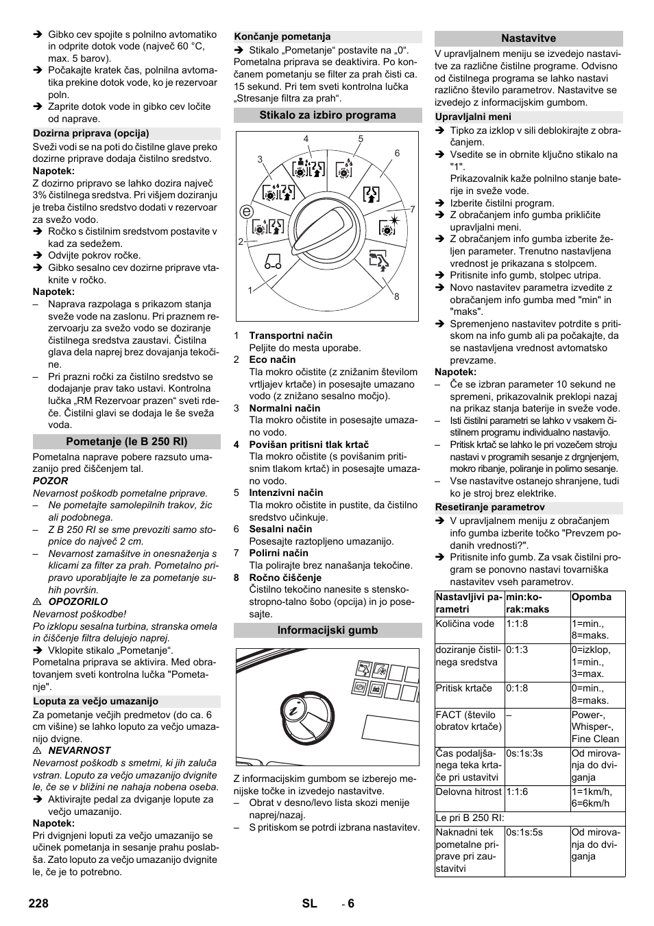 Dozirna priprava (opcija), Pometanje (le b 250 ri), Loputa za večjo umazanijo | Končanje pometanja, Stikalo za izbiro programa, Informacijski gumb, Nastavitve, Upravljalni meni, Resetiranje parametrov | Karcher B 250 R I Bp User Manual | Page 228 / 376