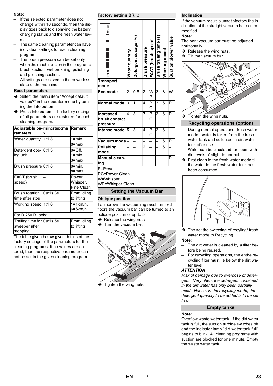 Reset parameters, Factory setting br, Setting the vacuum bar | Oblique position, Inclination, Recycling operations (option), Empty tanks | Karcher B 250 R I Bp User Manual | Page 23 / 376