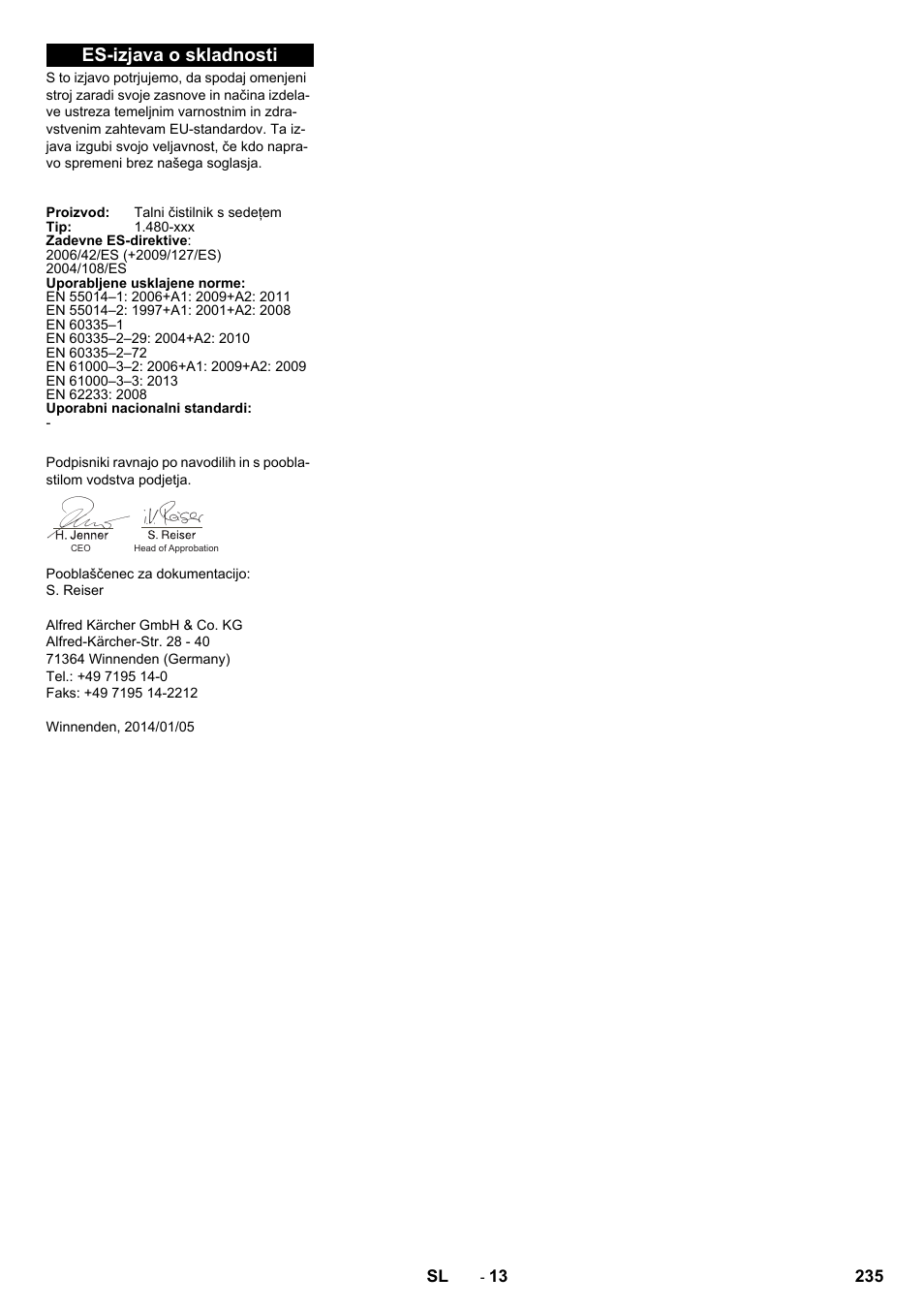 Es-izjava o skladnosti | Karcher B 250 R I Bp User Manual | Page 235 / 376