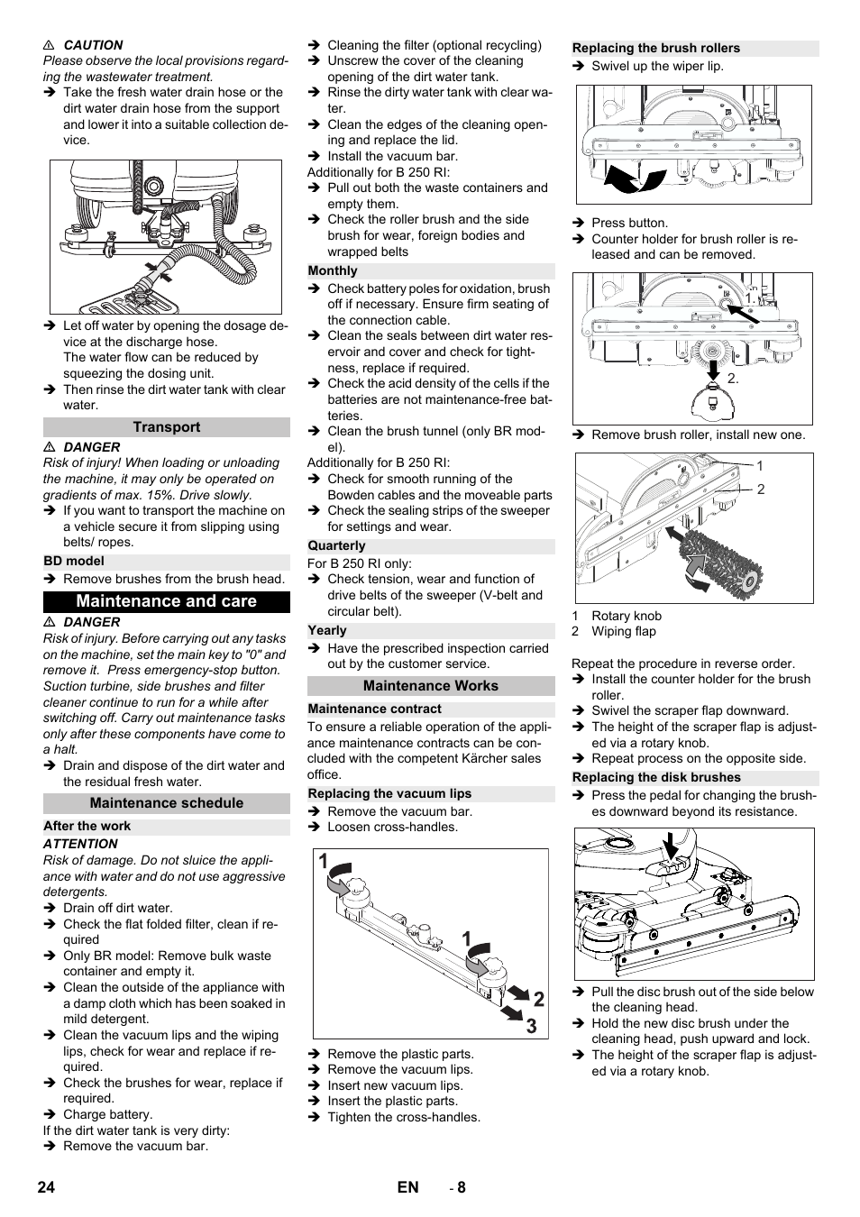 Transport, Bd model, Maintenance and care | Maintenance schedule, After the work, Monthly, Quarterly, Yearly, Maintenance works, Maintenance contract | Karcher B 250 R I Bp User Manual | Page 24 / 376