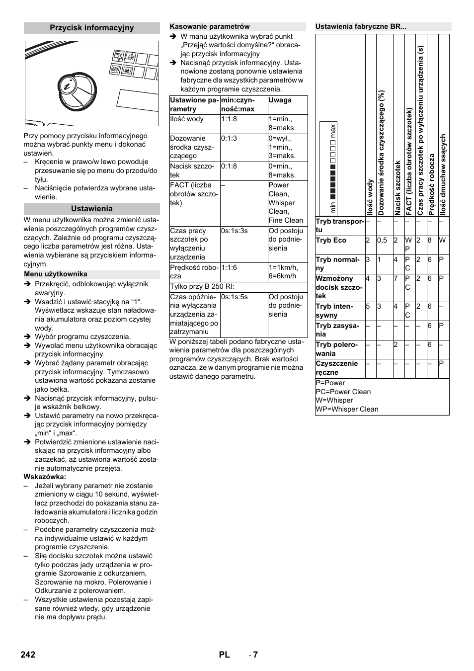 Przycisk informacyjny, Ustawienia, Menu użytkownika | Kasowanie parametrów, Ustawienia fabryczne br | Karcher B 250 R I Bp User Manual | Page 242 / 376