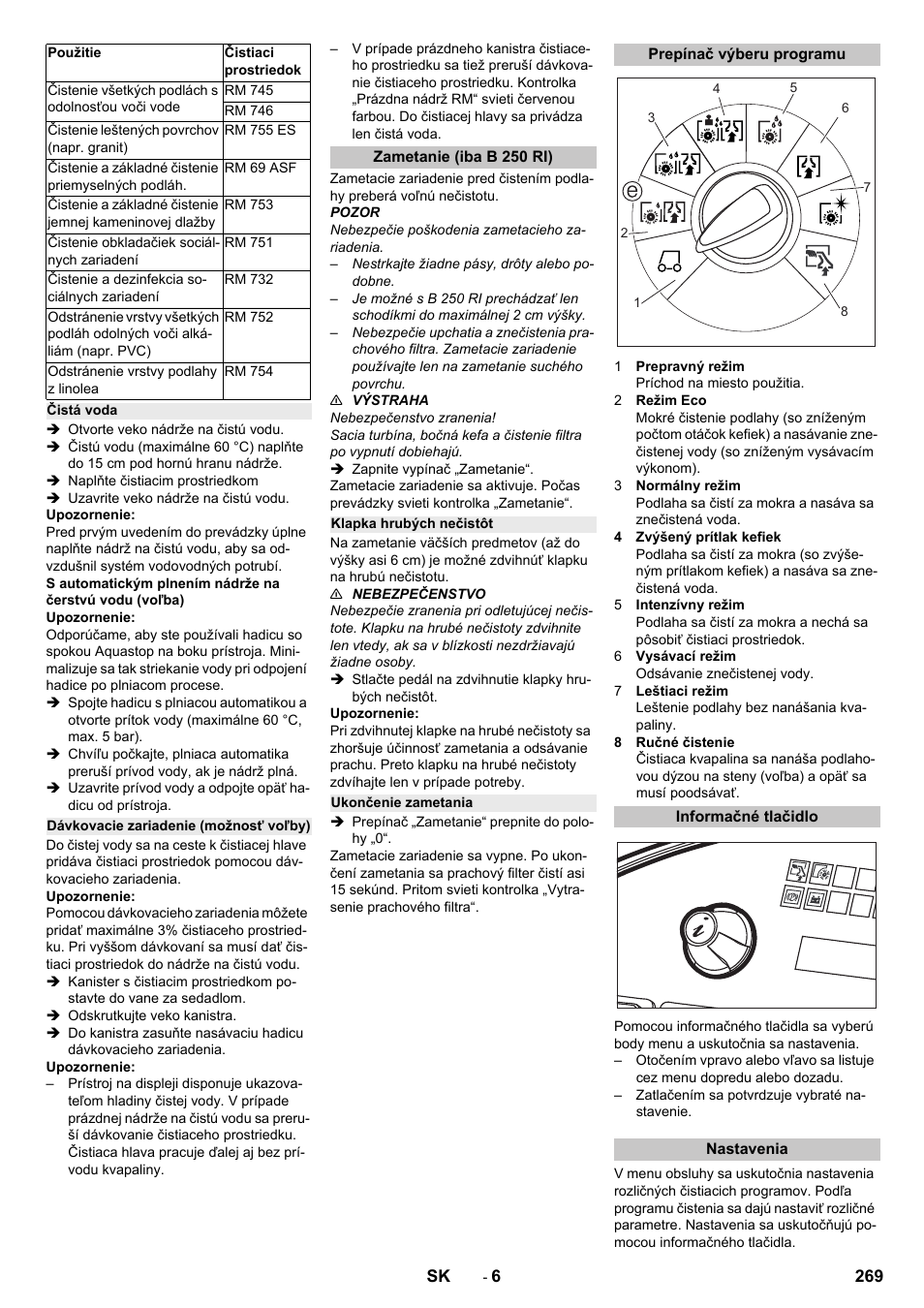 Čistá voda, Dávkovacie zariadenie (možnosť voľby), Zametanie (iba b 250 ri) | Klapka hrubých nečistôt, Ukončenie zametania, Prepínač výberu programu, Informačné tlačidlo, Nastavenia | Karcher B 250 R I Bp User Manual | Page 269 / 376