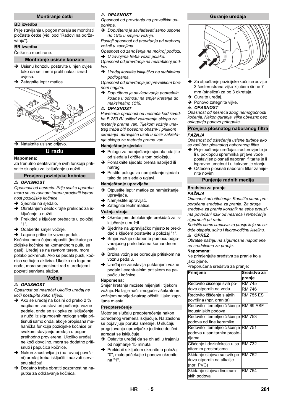 Montiranje četki, Bd izvedba, Br izvedba | Montiranje usisne konzole, U radu, Provjera pozicijske kočnice, Vožnja, Namještanje sjedala, Namještanje upravljača, Vožnja stroja | Karcher B 250 R I Bp User Manual | Page 281 / 376