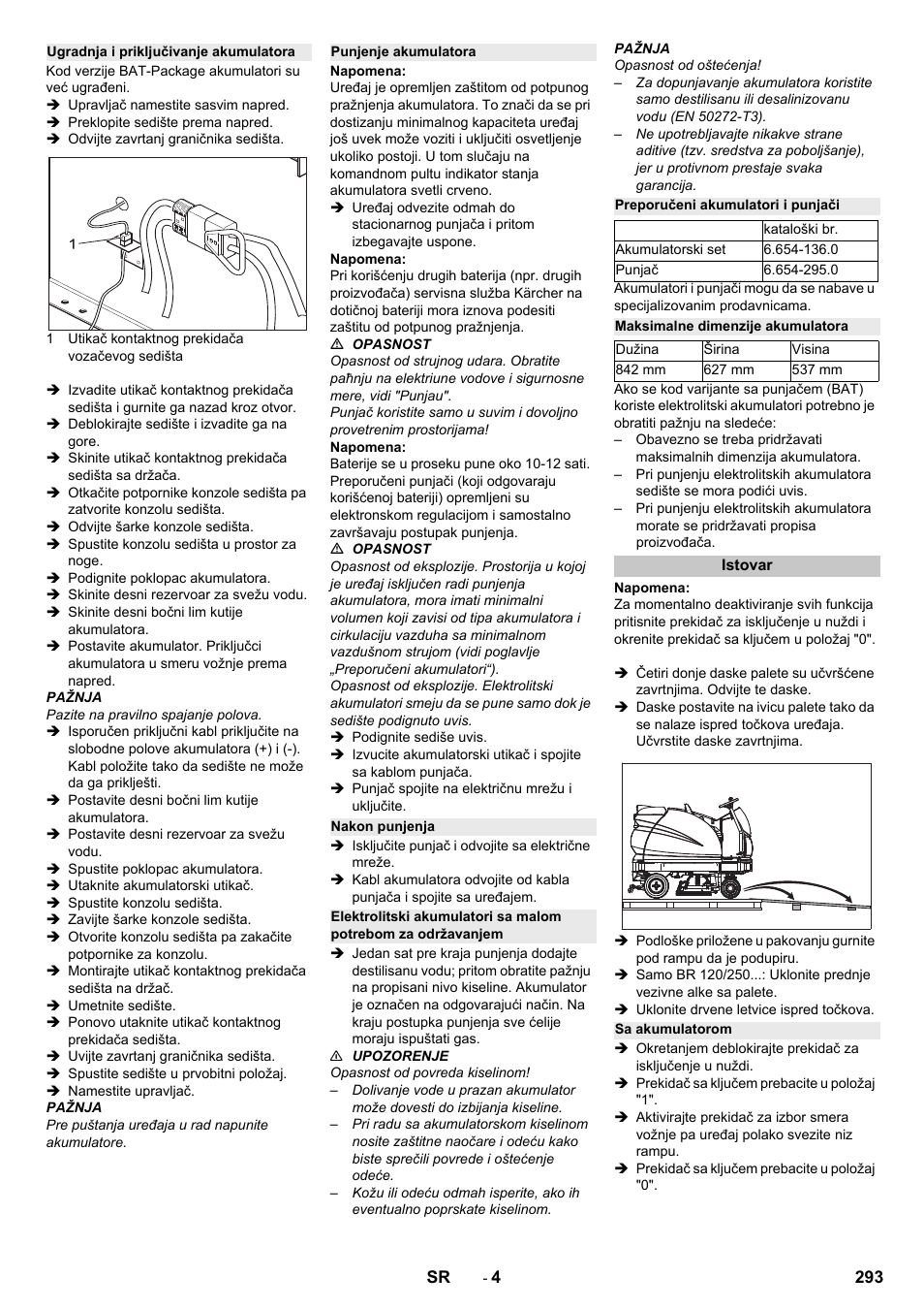 Ugradnja i priključivanje akumulatora, Punjenje akumulatora, Nakon punjenja | Preporučeni akumulatori i punjači, Maksimalne dimenzije akumulatora, Istovar, Sa akumulatorom | Karcher B 250 R I Bp User Manual | Page 293 / 376