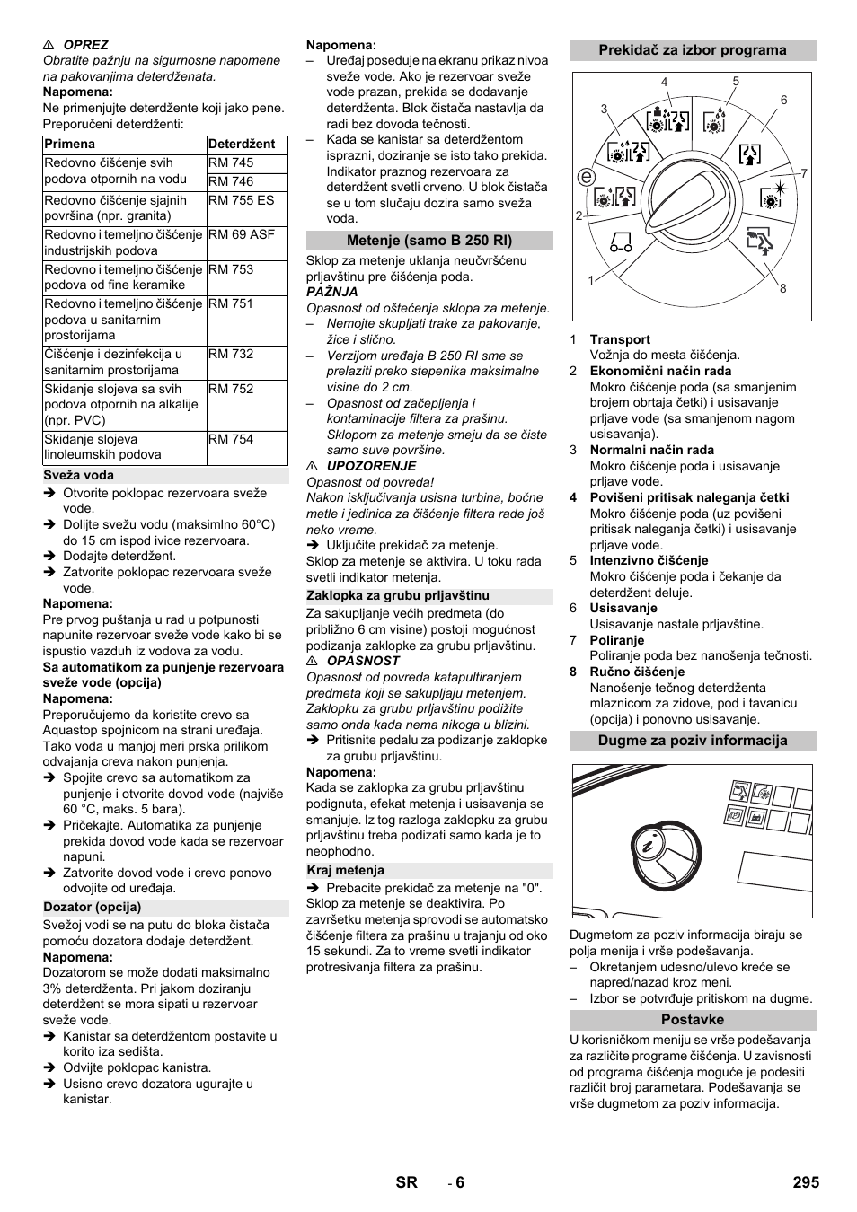 Sveža voda, Dozator (opcija), Metenje (samo b 250 ri) | Zaklopka za grubu prljavštinu, Kraj metenja, Prekidač za izbor programa, Dugme za poziv informacija, Postavke | Karcher B 250 R I Bp User Manual | Page 295 / 376