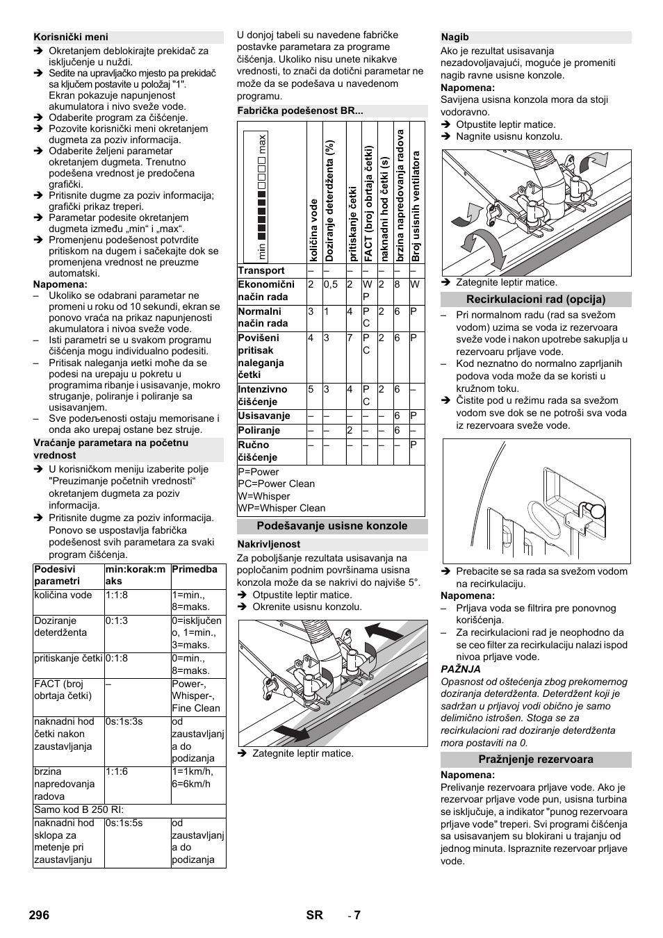 Korisnički meni, Vraćanje parametara na početnu vrednost, Fabrička podešenost br | Podešavanje usisne konzole, Nakrivljenost, Nagib, Recirkulacioni rad (opcija), Pražnjenje rezervoara | Karcher B 250 R I Bp User Manual | Page 296 / 376